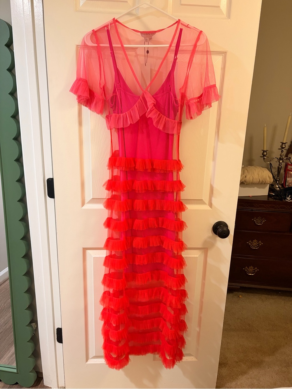 Never Fully Dressed Neon Pink Ruffle Tiered Mesh Maxi Dress